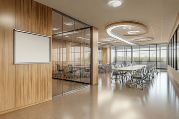 Fototapeta premium Modern office conference room with glass walls and large windows, a long table with chairs and a blank whiteboard.