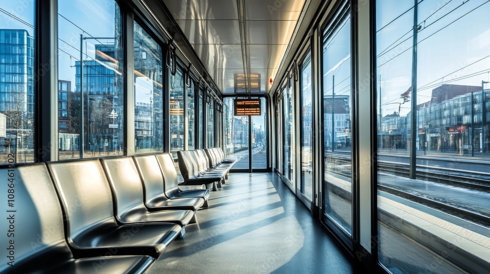 Aufkleber modern tram interior with sunlight streaming through large windows and empty seating in an urban env