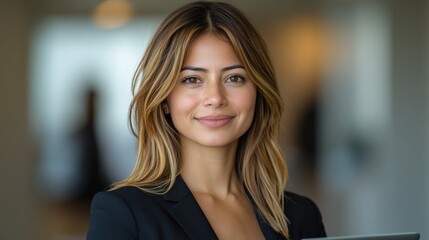 A professional woman smiling confidently in a modern office setting.