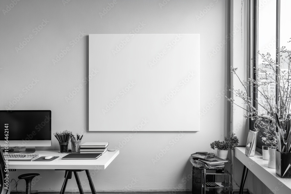 Poster A minimalistic workspace with a blank canvas hanging on the wall, a computer on a desk, and potted plants by a window.