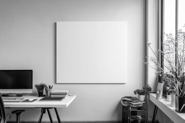 A minimalistic workspace with a blank canvas hanging on the wall, a computer on a desk, and potted plants by a window.