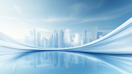 Fototapeta premium Blue background, technology city skyline, white waves and curves, gradient light blue color scheme, simple style, flat composition