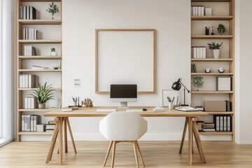 Minimalist home office with a wooden desk, white chair, a computer, and bookshelves.