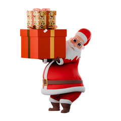 Cartoon Christmas Santa Claus. A Santa Claus man stands while carrying a pile of gifts in front of his body. 3D Holiday Design