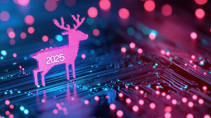 Digital reindeer with 2025 on its side stands on glowing circuit board, symbolizing fusion of technology and festive spirit. vibrant colors create futuristic holiday atmosphere