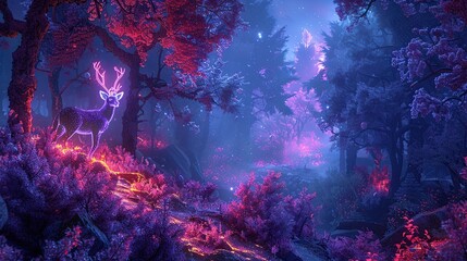 Fototapeta premium Radiant Neon Deer Illuminate the Darkness of a Mystical Forest Scene