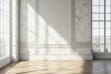 Fototapeta premium An empty, white, and modern room with a wooden floor, marble walls, and large windows overlooking a cityscape.