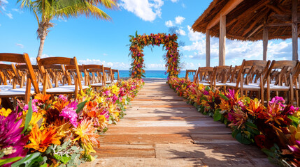 vibrant tropical wedding ceremony aisle adorned with colorful flowers leads to stunning ocean view. setting is perfect for romantic celebration