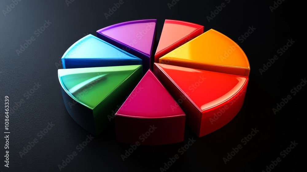 Aufkleber Vibrant Multi-Colored Pie Chart Segments on Dark Surface Showcasing Data Representation and Analysis for Marketing, Statistics, and Presentations