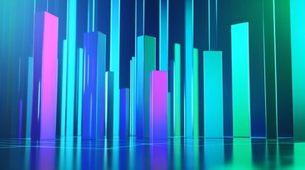 Fototapeta premium Abstract Digital Visualization of Colorful 3D Bar Graphs with Neon Lights and Futuristic Design, Perfect for Business and Technology Concepts in Media and Advertising