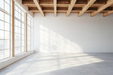 Obraz premium A spacious, modern loft with large windows, exposed wooden beams, and a white wall.