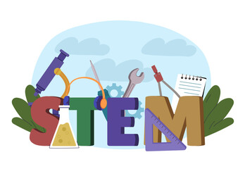 Stem object poster. Science, technology, engineering, and mathematics. Education and learning, training. Large microscope, wrench and flask with reagent. Flat vector illustration © Rudzhan