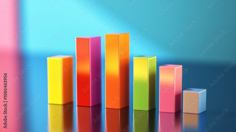 Poster Colorful geometric blocks arranged in a dynamic pattern, showcasing vibrant gradients and reflections, perfect for educational and creative projects about shapes and colors