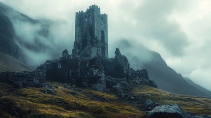 A hauntingly beautiful ruin of a castle amidst misty mountains and lush grass.