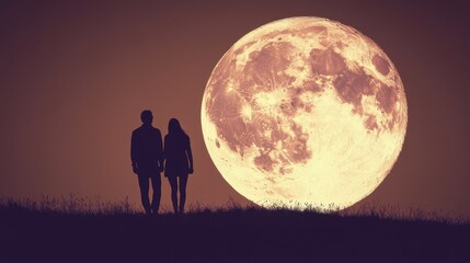 Naklejka premium Couple silhouetted against a full moon in a serene night landscape.