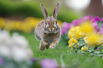 Fototapeta premium Rabbit hopping through a garden full of blooming flowers, motion blur highlighting its quick, nimble movement, nature, pet, spring, cute, soft.