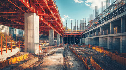 Fototapeta premium Construction site of a large building with steel framework against a bright blue sky