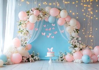 A backdrop composition with a small pastel blue background, a pastel pink and white balloon arch garland with flowers, a cake smash aesthetic