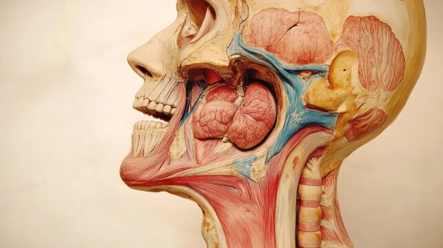 Anatomical model of the human head and neck showing the muscles, bones, and internal organs in detail.