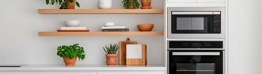 Obraz premium A modern kitchen featuring stylish shelves, greenery, and sleek appliances, creating a cozy yet contemporary atmosphere for culinary activities.