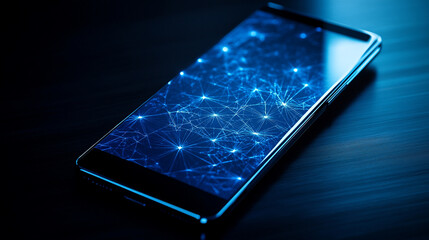 A close-up view of a smartphone screen displaying a network of blue digital connections at night