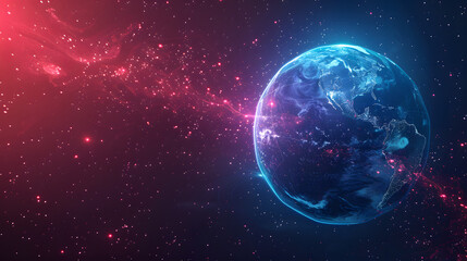 3D neon light globe orbit spinning in circle, digital smart world future technology science wide screen web banner backgrounds