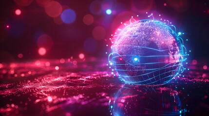 3D neon light globe orbit spinning in circle, digital smart world future technology science wide screen web banner backgrounds