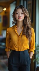 A woman with long hair in a yellow shirt and black pants, smiling.