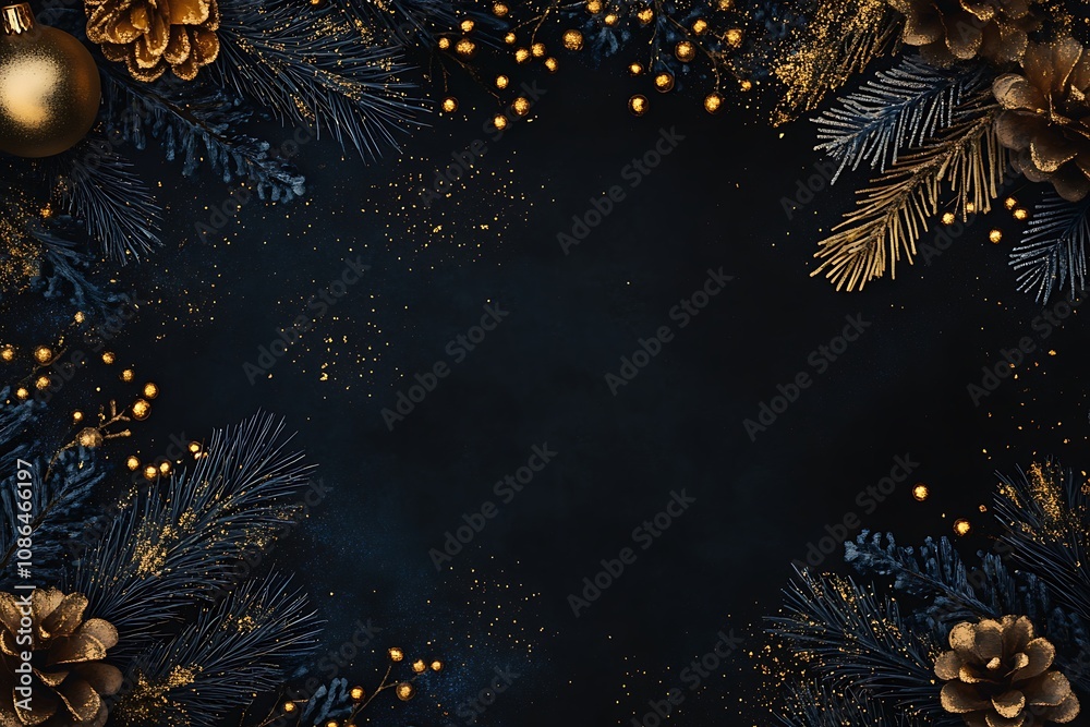 Poster Black background with gold and dark blue Christmas decorations, creating an elegant frame for text or graphics. The design features pine branches, glittery ornaments, golden sprinkles, and small metal