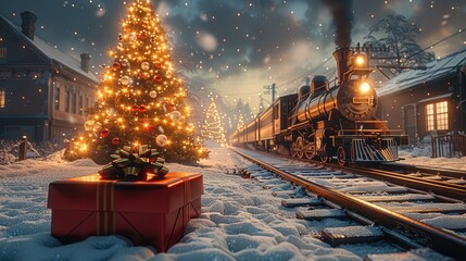 Cozy Christmas scene with a red gift box, a glowing Christmas tree, and a real train enhancing the holiday ambiance.