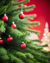 A vibrant red Christmas background featuring a fir tree