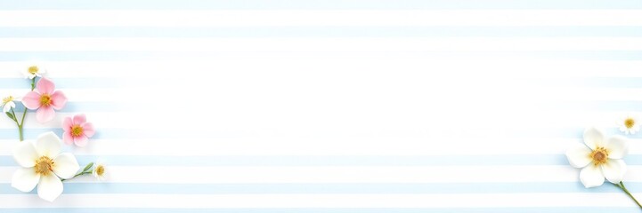 Obraz premium Blue and white striped paper banner with flower decorations, white, birthday banner, striped banner