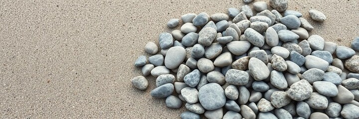 A cluster of weathered sea pebbles scattered on the beach shoreline, beach scene, ocean waves, tidal zones
