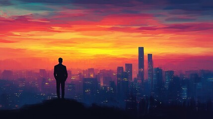 Obraz premium A silhouetted figure stands against a vibrant sunset over a city skyline.