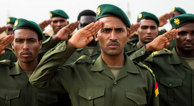 Chadian soldiers giving salute during ceremony military, glory and honor, dignified military uniform