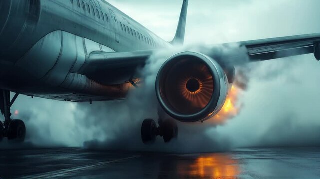 Huge airplane jet engine on fire close up view, concept of aerial disaster. 4k