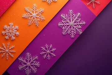 Creative Christmas layout with asymmetric color blocks in magenta, deep purple, and bright orange; fine snowflake patterns for texture