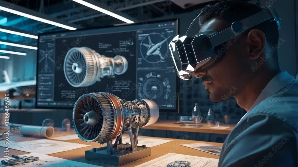 Poster a professional using augmented reality to visualize a building design in a modern workspace.
