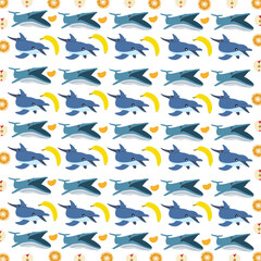 dolphin, whale with fruit as a pattern background