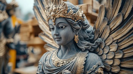 Obraz premium A detailed sculpture with wings, showcasing intricate craftsmanship and artistry.