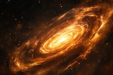 A fiery orange spiral galaxy with a bright core, surrounded by a vast expanse of dark space studded with distant stars.