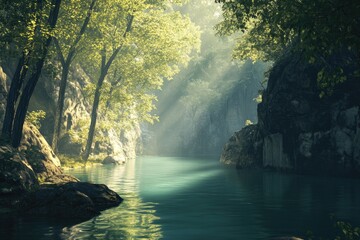 Sunbeams illuminating a tranquil river winding through a lush, green forest