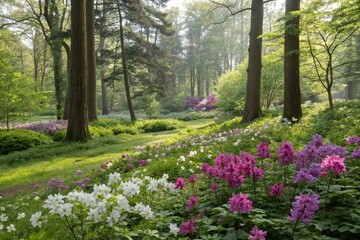 scenic depiction of a forest glade featuring a variety of blooming flowers and lush greenery,...