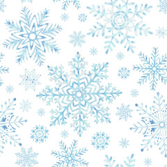Fototapeta premium Blue snowflakes seamless pattern. Hand drawn watercolor illustration. Ice stars for Christmas or New Year design. Winter holiday snowing endless background. Template for wallpaper, wrapping, fabric.