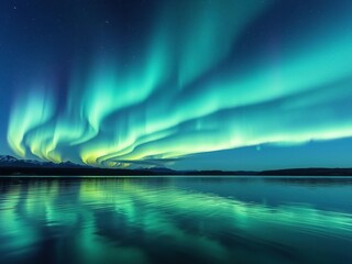 Naklejka premium Shimmering aurora borealis undulates across serene lake, serenity, icy landscape