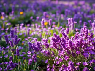 Obraz premium An explosion of vibrant purple flowers bursts forth from the earth in a lush and colorful field, floral, purple flowers