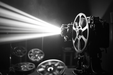 Naklejka premium Black and white photo of a film projector casting a beam of light in a dark room, with film reels in the foreground. Ample copy space for vintage or classic cinema concepts.
