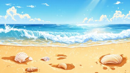 Obraz premium Beach background with seashells and footprints in the sand, waves sparkling under a sunny sky