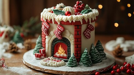Christmas cake with a fireplace and stocking decorations, cozy and festive