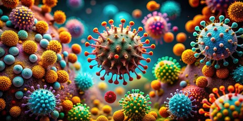 Fototapeta premium Abstract Macro Photography of Diverse Viruses Showcasing Colorful Pathogens in Health and Science Challenges